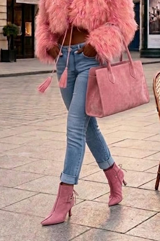 Dress ankle boots back laces in carnation pink leather with high slim heels and pointed toe - Worn view